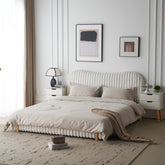 Sleek White Boucle Upholstered Bed with Wavy Headboard & Vertical Stitching, Queen